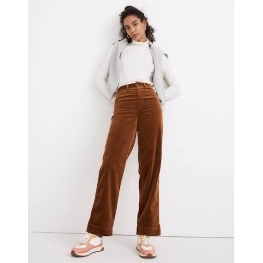 Madewell Emmett Wide-Leg Corduroy Pants Brown Contrast Stitch High Rise Trousers